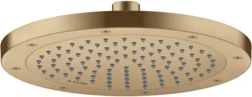 Runde Kopfbrause in gebürstetem Bronze mit mehreren Wasserstrahlen, hergestellt von AXOR. Oberfläche mit gleichmäßig verteilten Düsen für eine gleichmäßige Wasserverteilung.